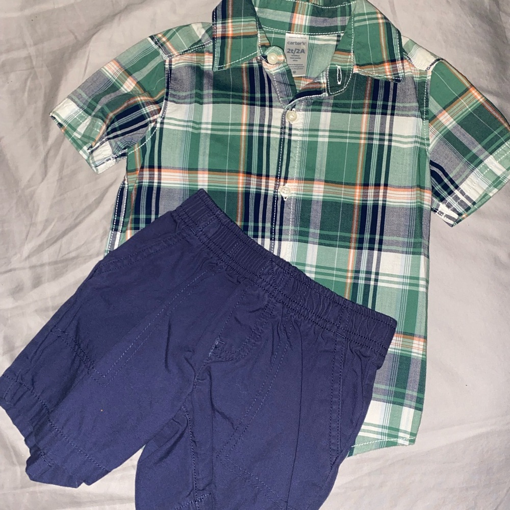 Carter's Green Plaid Shirt and Navy Shorts Set